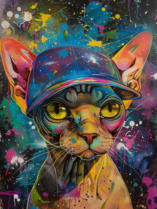 Colorful space Sphynx cat with a hat Expressive surreal Poster # F024649