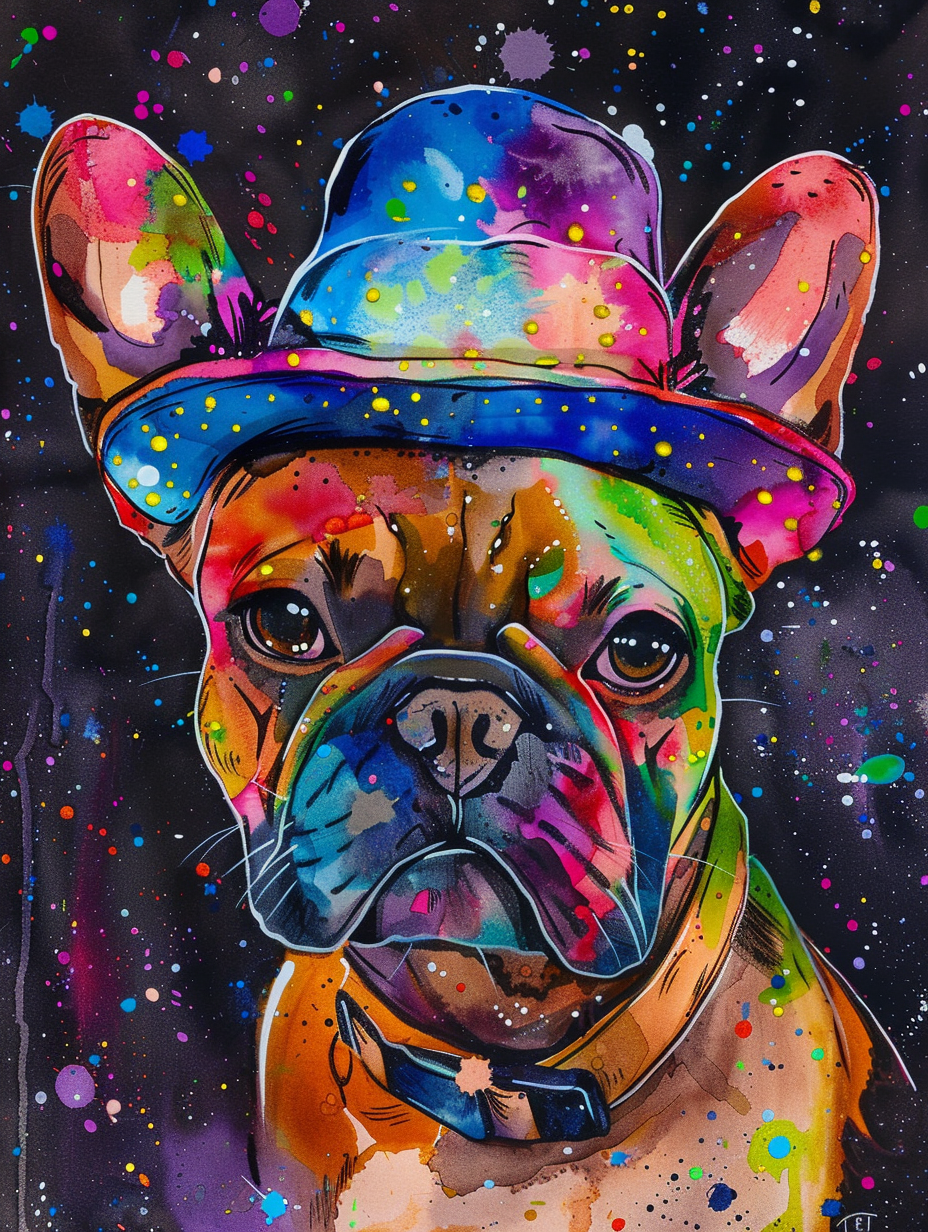 Colorful space French Bulldog dog with a hat Expressive surreal Poster # F024467