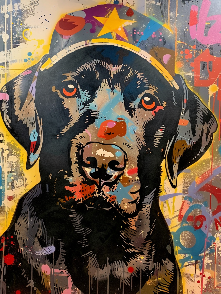 colorful space Labrador Retriever dog with a hat Expressive surreal Poster # F025188
