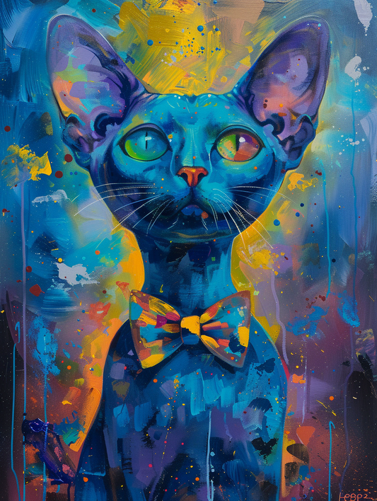 Colorful space Russian Blue cat with a bow tie Expressive surreal Poster # F024338