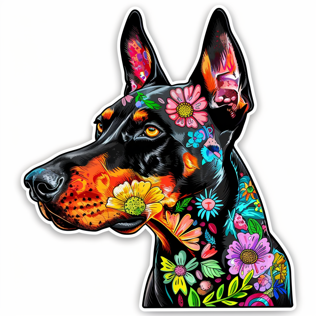 Doberman Pinscher Dog floral majestic Expressive surreal Vinyl Decal Sticker for Car, Laptop, Tumbler and more # F019383