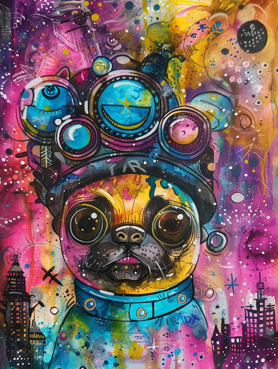 Colorful space Pug dog with a hat Expressive surreal Poster # F024539