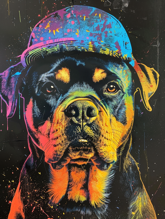 Colorful space Rottweiler dog with a hat Expressive surreal Poster # F024942