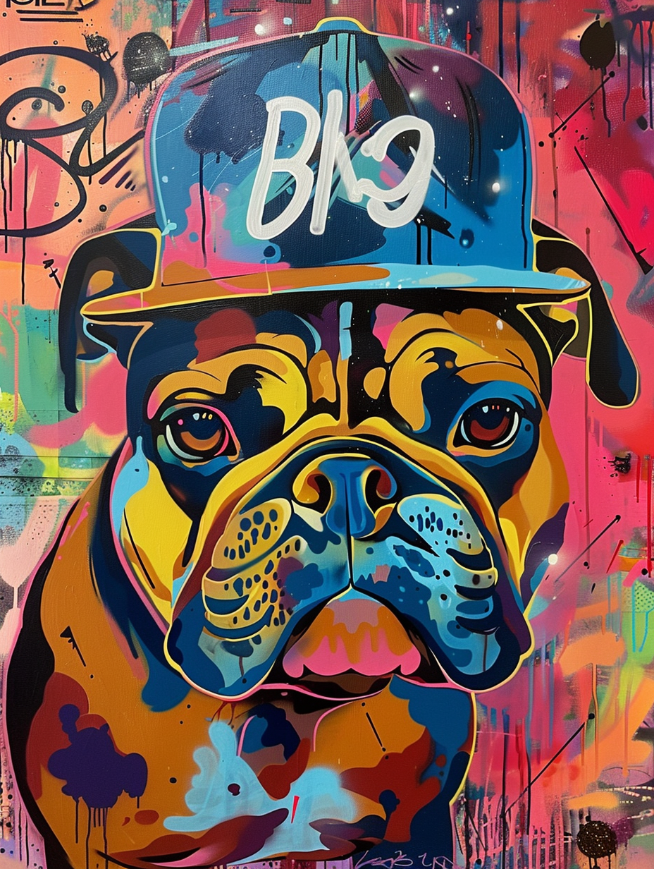 Colorful space Bulldog dog with a hat Expressive surreal Poster # F025655