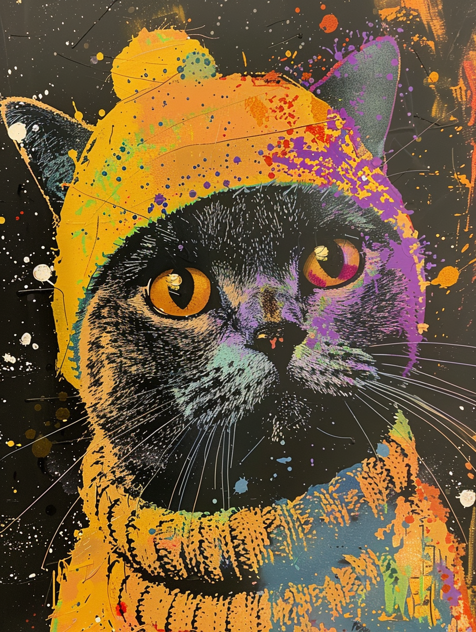 Colorful space British Shorthair cat with a hat Expressive surreal Poster # F024658