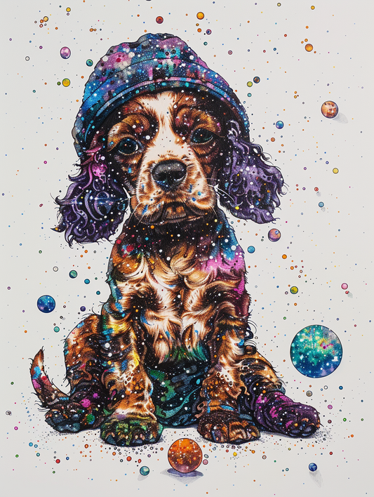Colorful space Cocker Spaniel dog with a hat Expressive surreal Poster # F024437