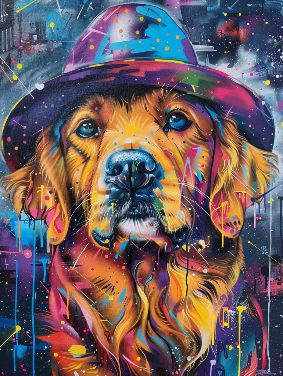 Colorful space Golden Retriever dog with a hat Expressive surreal Poster # F025520