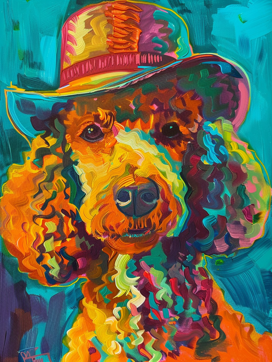 Colorful space Poodle dog with a hat Expressive surreal Poster # F025571
