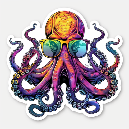 Sticker of a Octopus wearing sunglasses majestic Expressive surreal Vinyl Decal Sticker for Car, Laptop, Tumbler and more # F015385