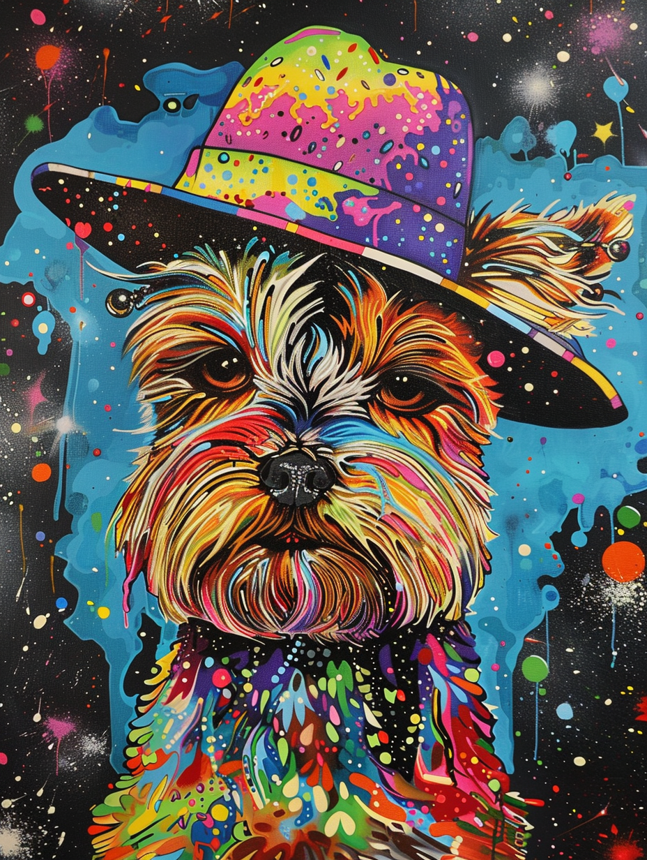 Colorful space Yorkshire Terrier dog with a hat Expressive surreal Poster # F024870