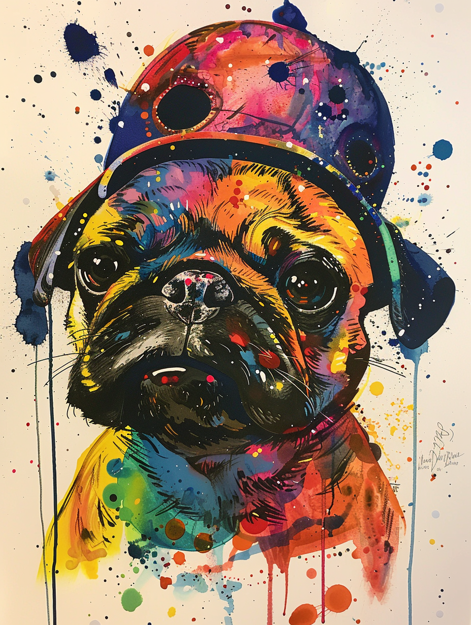 Colorful space Pug dog with a hat Expressive surreal Poster # F024564