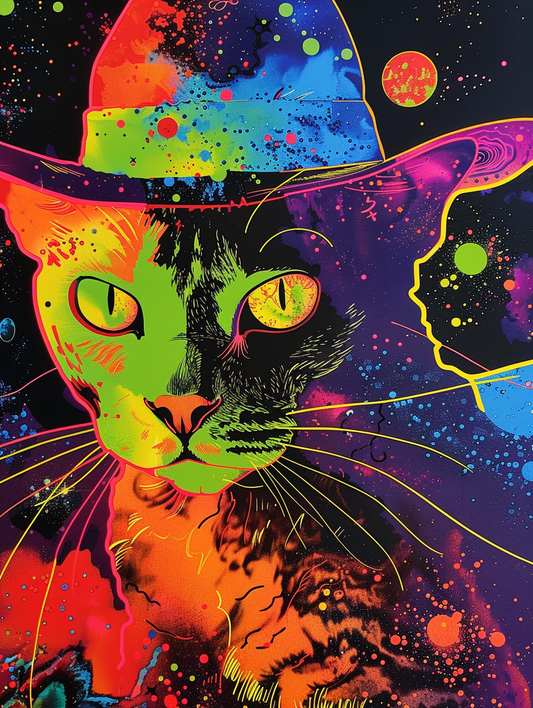 Colorful space Cornish Rex cat with a hat Expressive surreal Poster # F024700