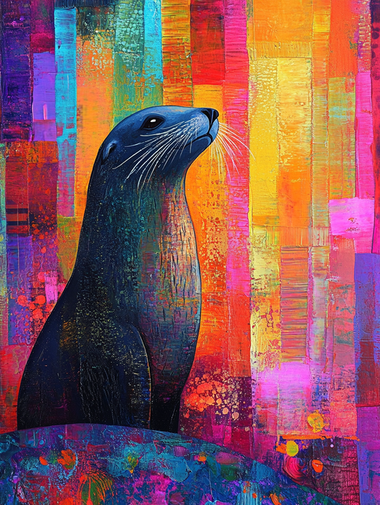 The silhouette of a sea lion with an abstract colo Expressive surreal Poster # F024828