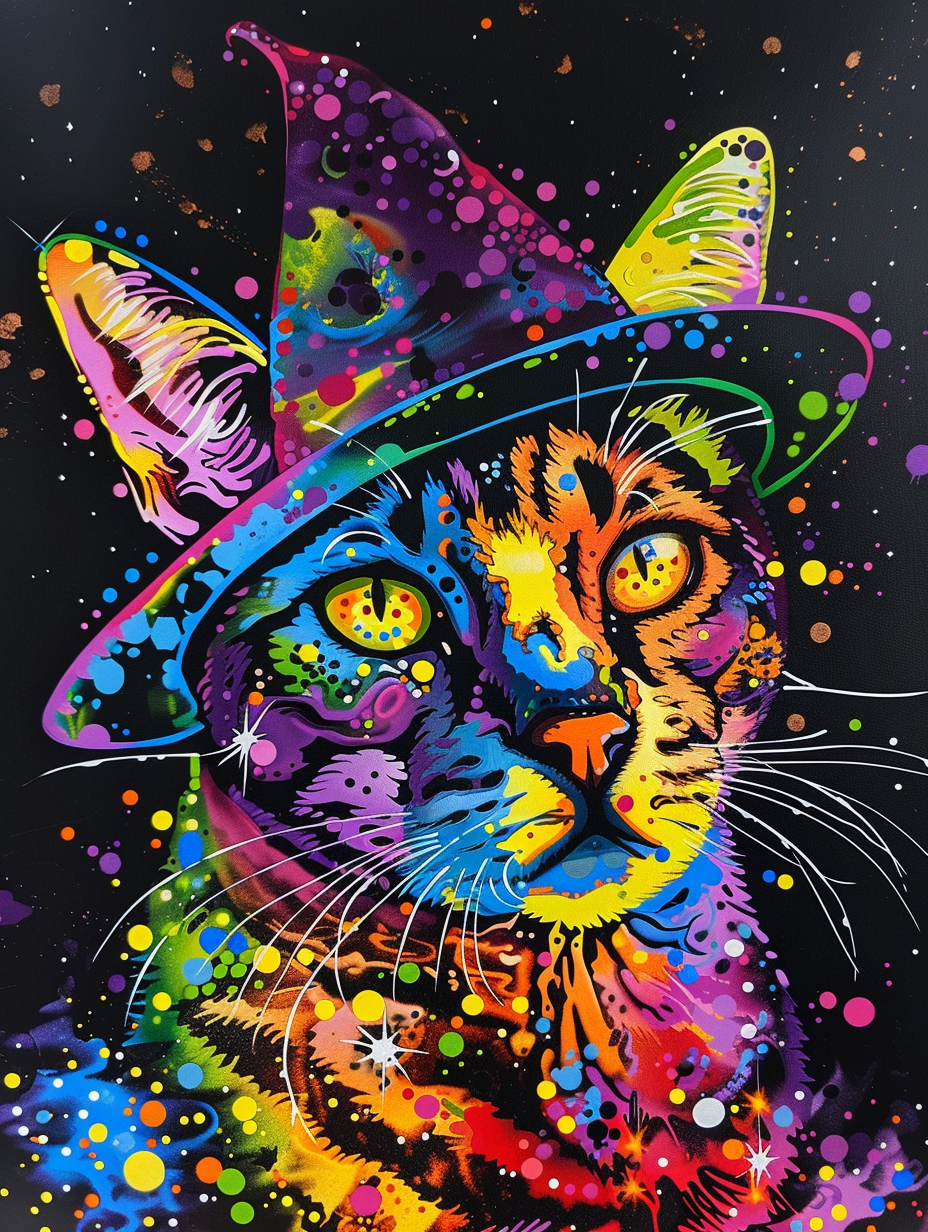 colorful space Bengal cat with a hat by Gotlib Bran Expressive surreal Poster # F024671