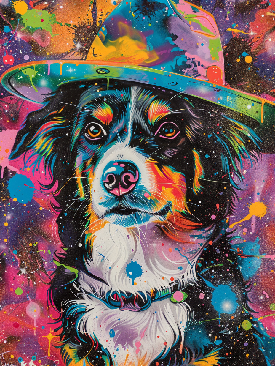 Colorful space Border Collie dog with a hat Expressive surreal Poster # F024407