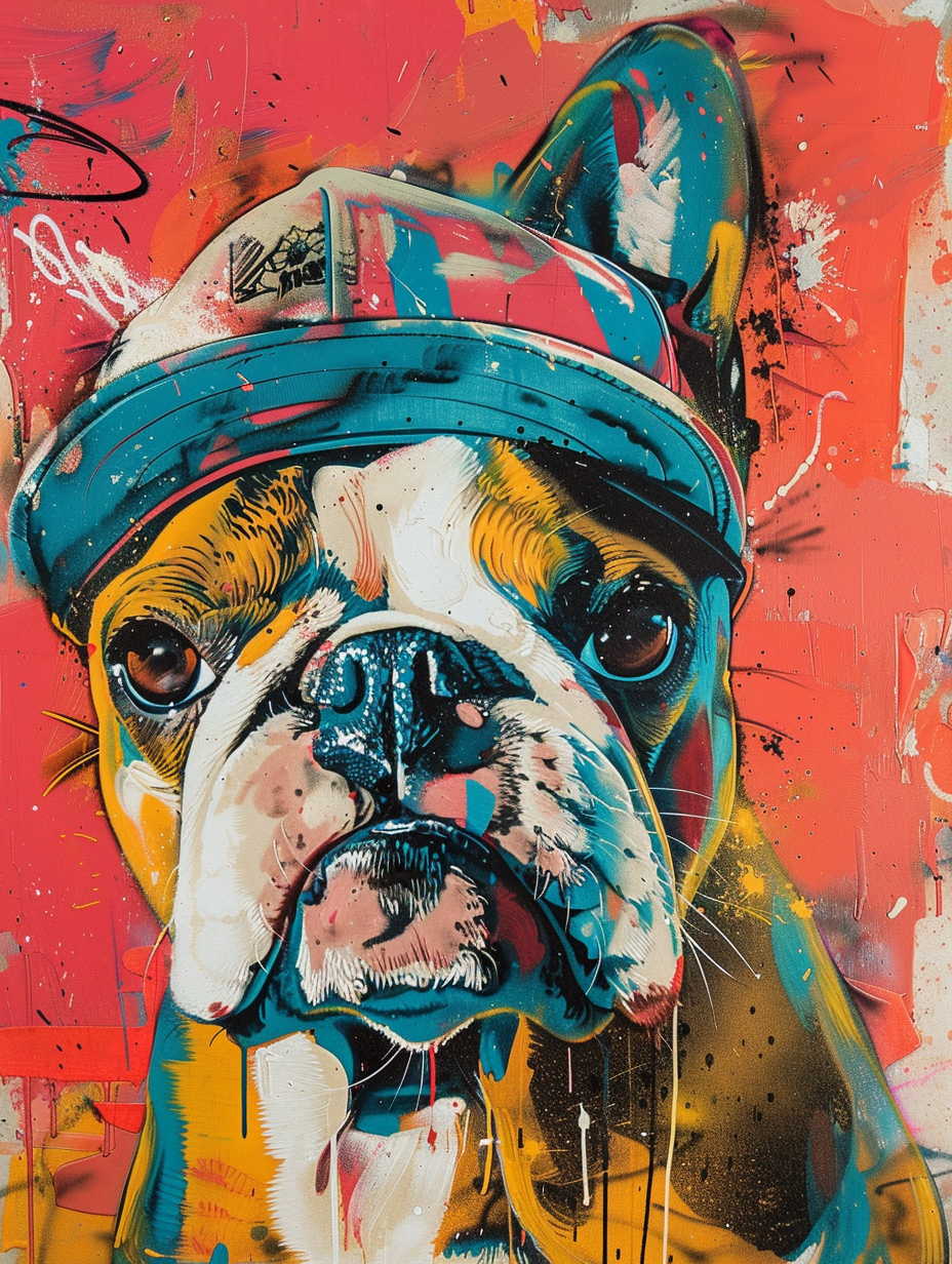 Colorful space Bulldog dog with a hat Expressive surreal Poster # F025623