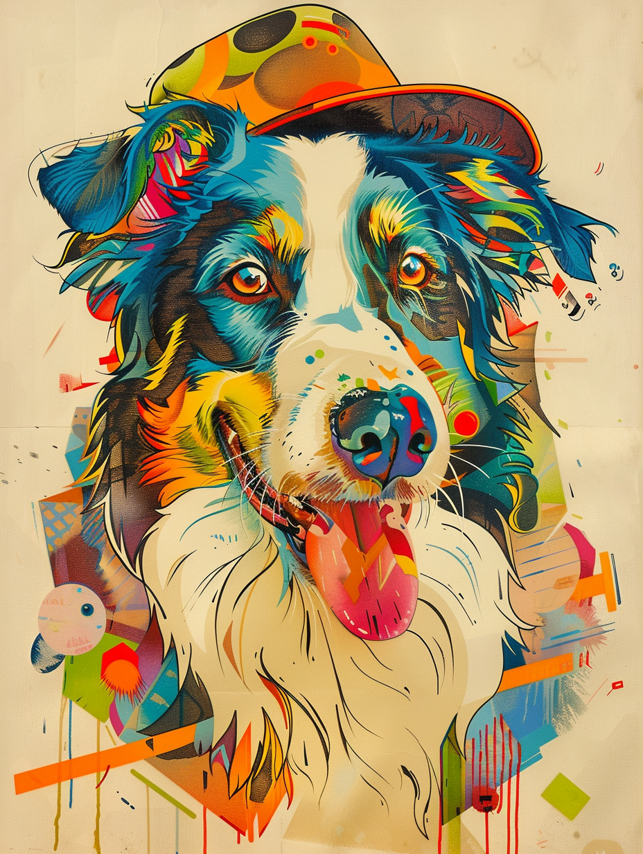 Colorful space Border Collie dog with a hat Expressive surreal Poster # F025496
