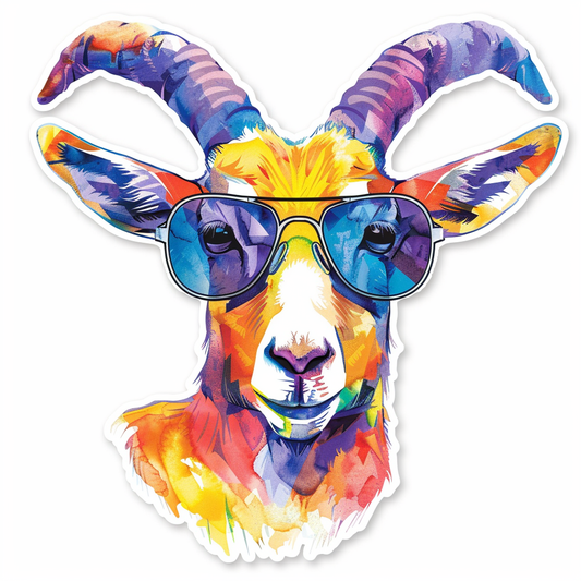 Goat wearing sunglasses Expressive surreal Vinyl Decal Sticker for Car, Laptop, Tumbler and more # F020439-4" x 4"