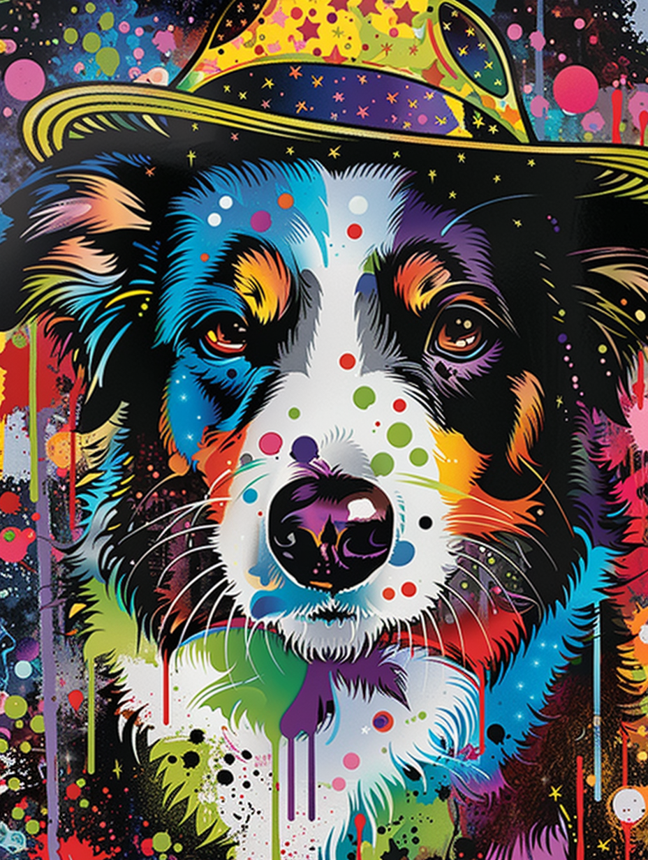 Colorful space Border Collie dog with a hat Expressive surreal Poster # F025009