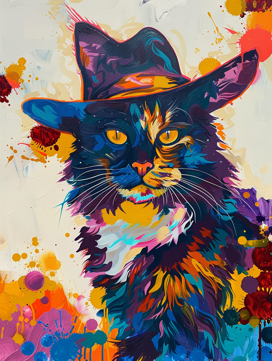 colorful space Maine Coon cat with a hat Expressive surreal Poster # F025251