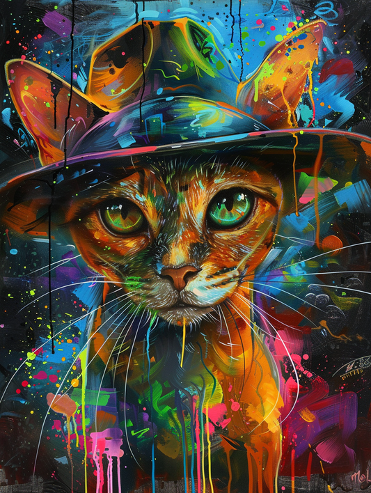 Colorful space Abyssinian cat with a hat Expressive surreal Poster # F025328