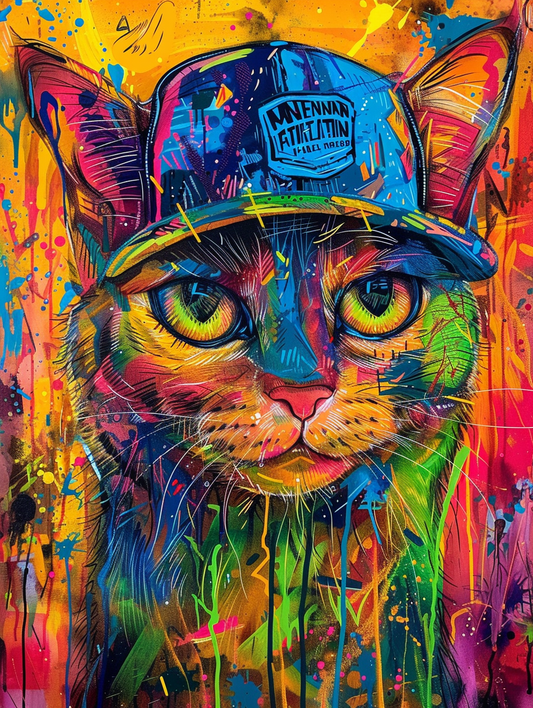 Colorful space Maine Coon cat with a hat by Hebru Expressive surreal Poster # F024590