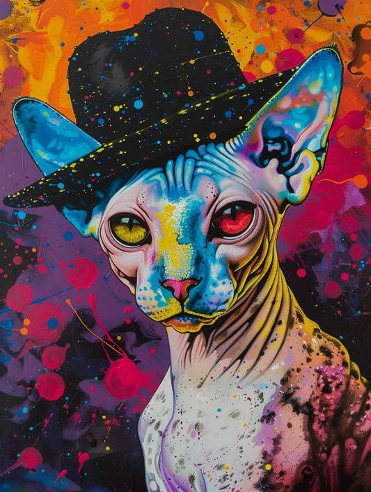 Colorful space Cornish Rex cat with a hat Expressive surreal Poster # F025238