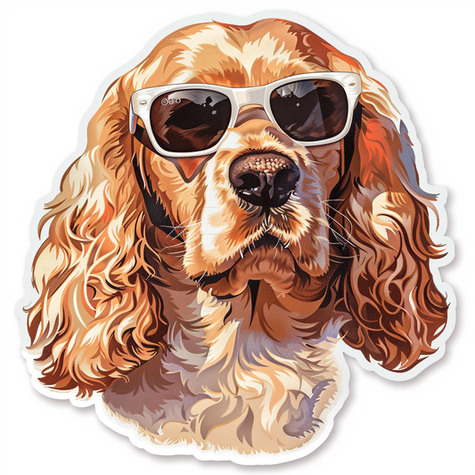 Cocker Spaniel Dog wearing sunglasses Expressive surreal Vinyl Decal Sticker for Car, Laptop, Tumbler and more # F020095-4" x 4"