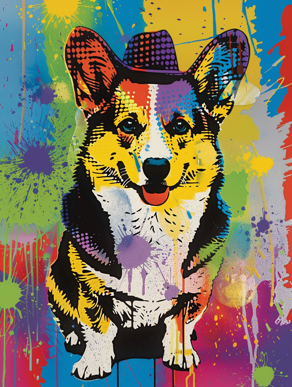 Colorful space Pembroke Welsh Corgi dog with a hat Expressive surreal Poster # F024484