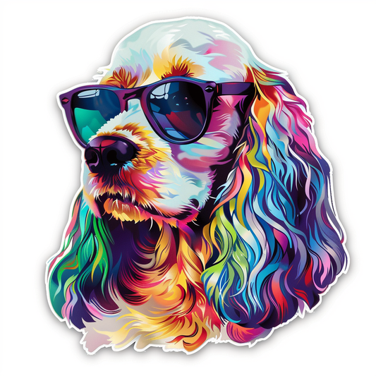 Cocker Spaniel Dog wearing sunglasses Expressive surreal Vinyl Decal Sticker for Car, Laptop, Tumbler and more # F020105-4" x 4"