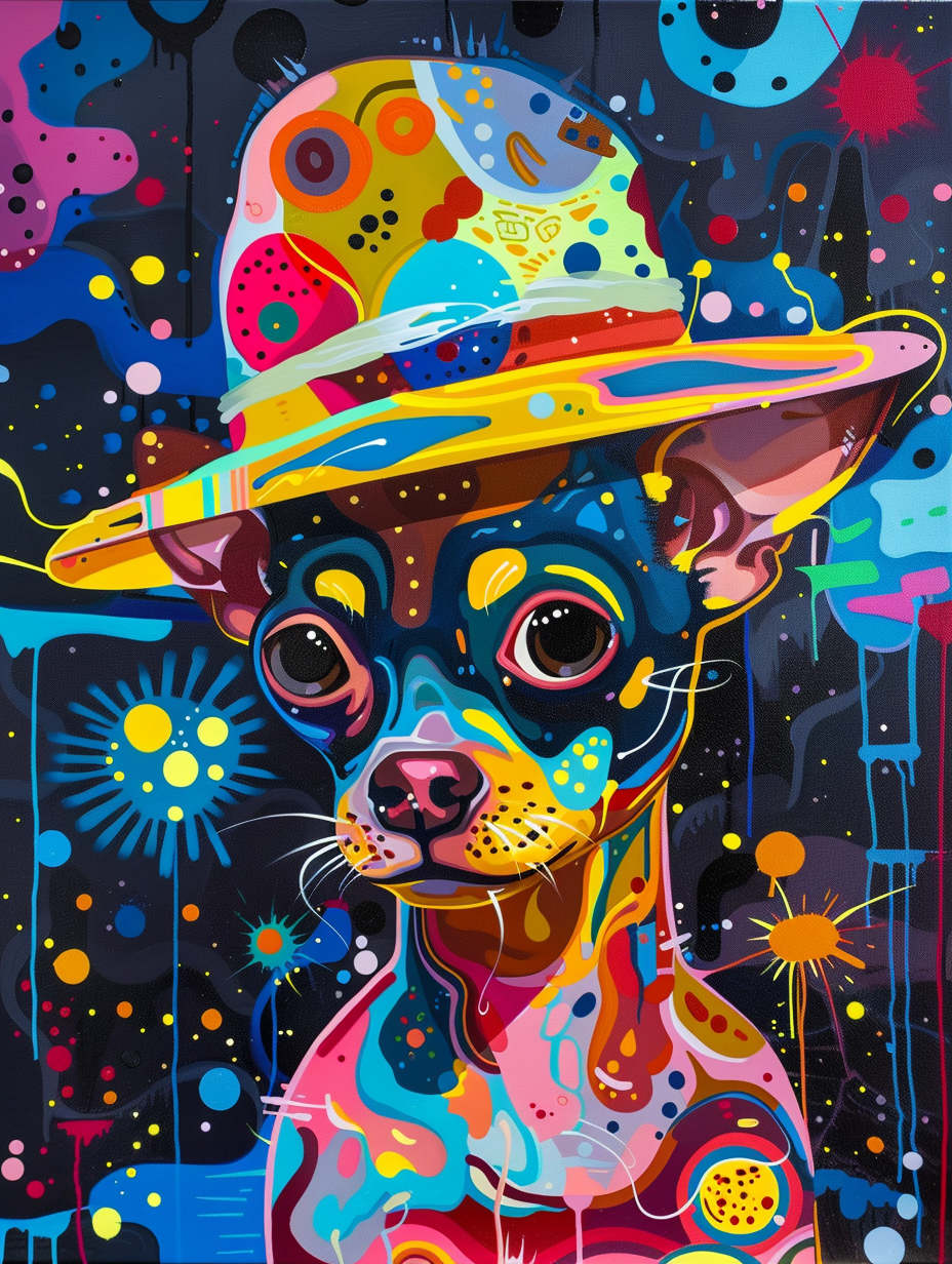 Colorful space Chihuahua dog with a hat Expressive surreal Poster # F024476