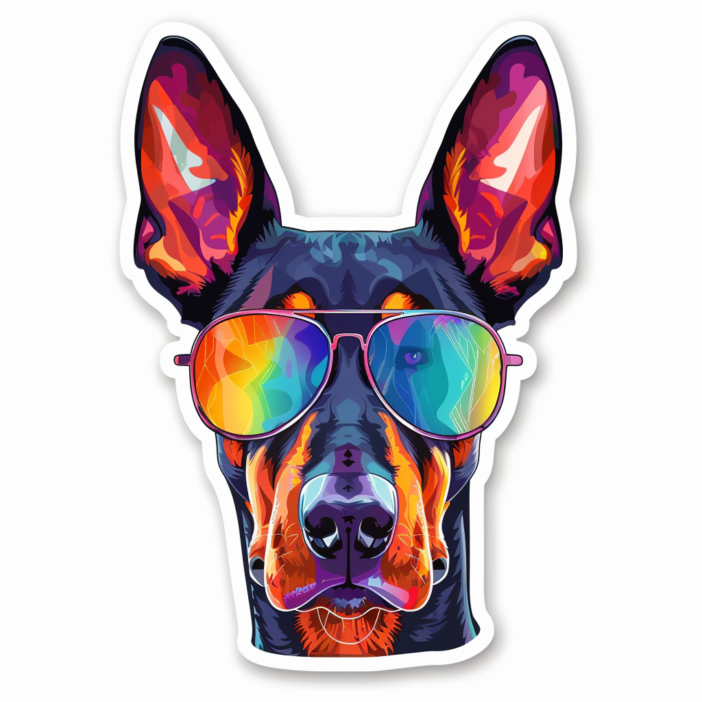 Sticker of a Doberman Pinscher Dog wearing sunglasses Expressive surreal Vinyl Decal Sticker for Car, Laptop, Tumbler and more # F019270