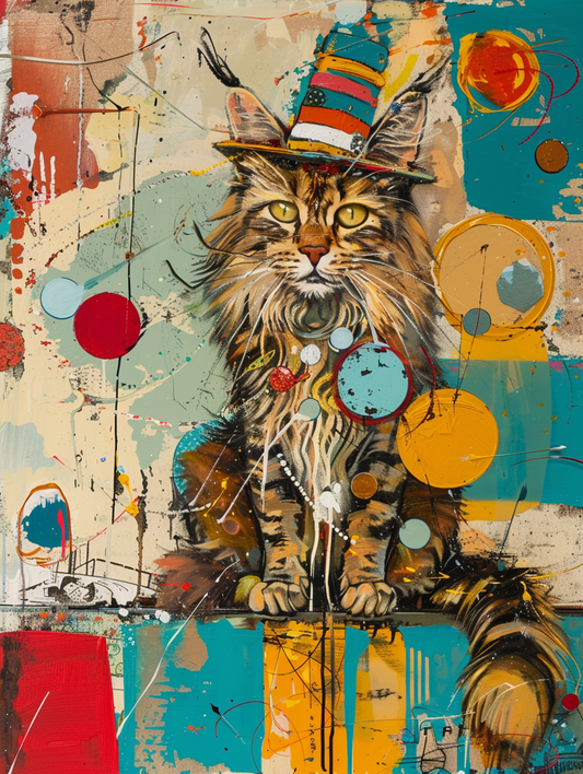 Colorful space Maine Coon cat with a hat Expressive surreal Poster # F025279