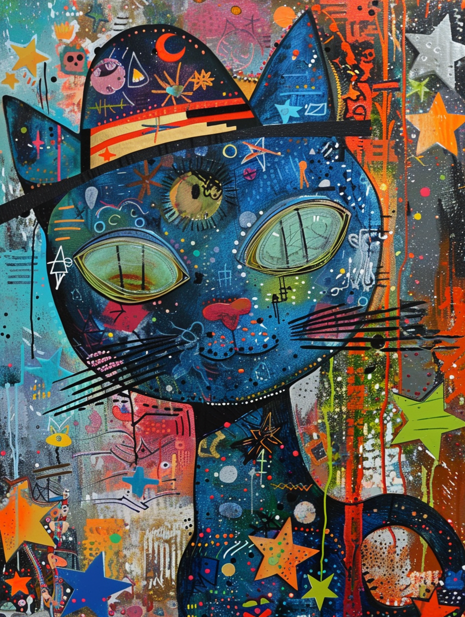 colorful space Russian Blue cat with a hat Expressive surreal Poster # F025357