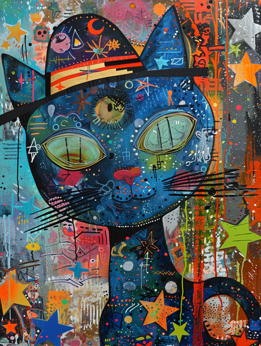colorful space Russian Blue cat with a hat Expressive surreal Poster # F025357