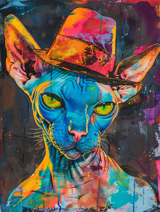 Colorful space Sphynx cat with a hat Expressive surreal Poster # F025331