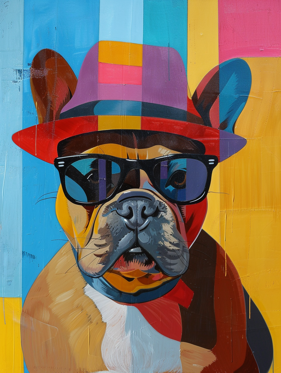 Colorful space French Bulldog dog with a hat Expressive surreal Poster # F025193