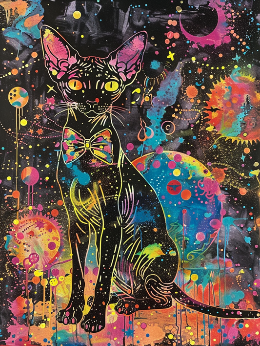 Colorful space Abyssinian cat with a bow tie Expressive surreal Poster # F024303