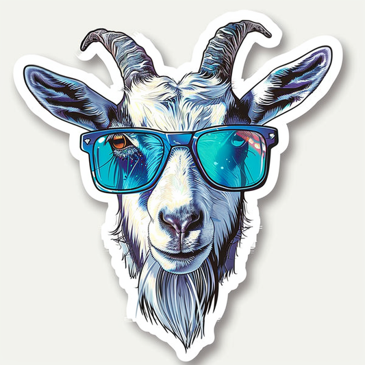Goat wearing sunglasses Expressive surreal Vinyl Decal Sticker for Car, Laptop, Tumbler and more # F020446-4" x 4"