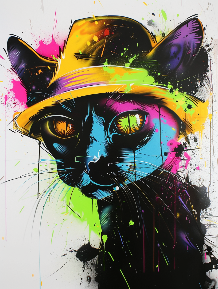 colorful space Siamese cat with a hat Expressive surreal Poster # F025336