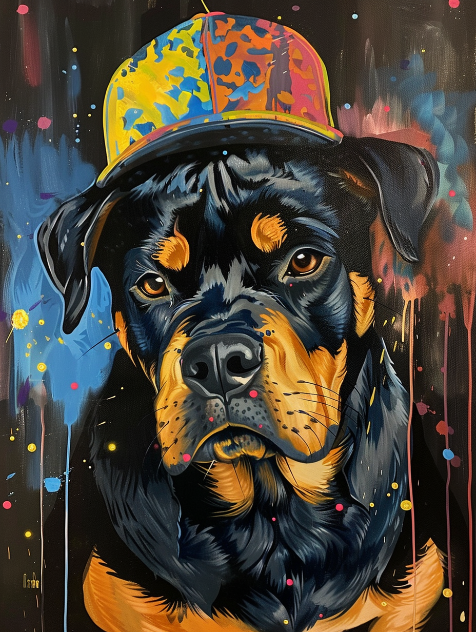 Colorful space Rottweiler dog with a hat Expressive surreal Poster # F024948