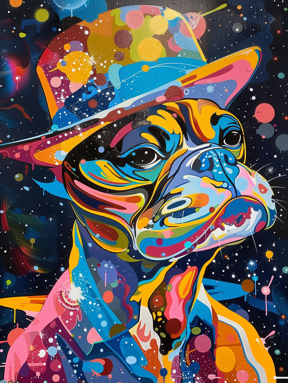 Colorful space Boston Terrier dog with a hat Expressive surreal Poster # F024482