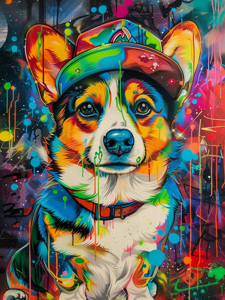 Colorful space Pembroke Welsh Corgi dog with a hat Expressive surreal Poster # F025168