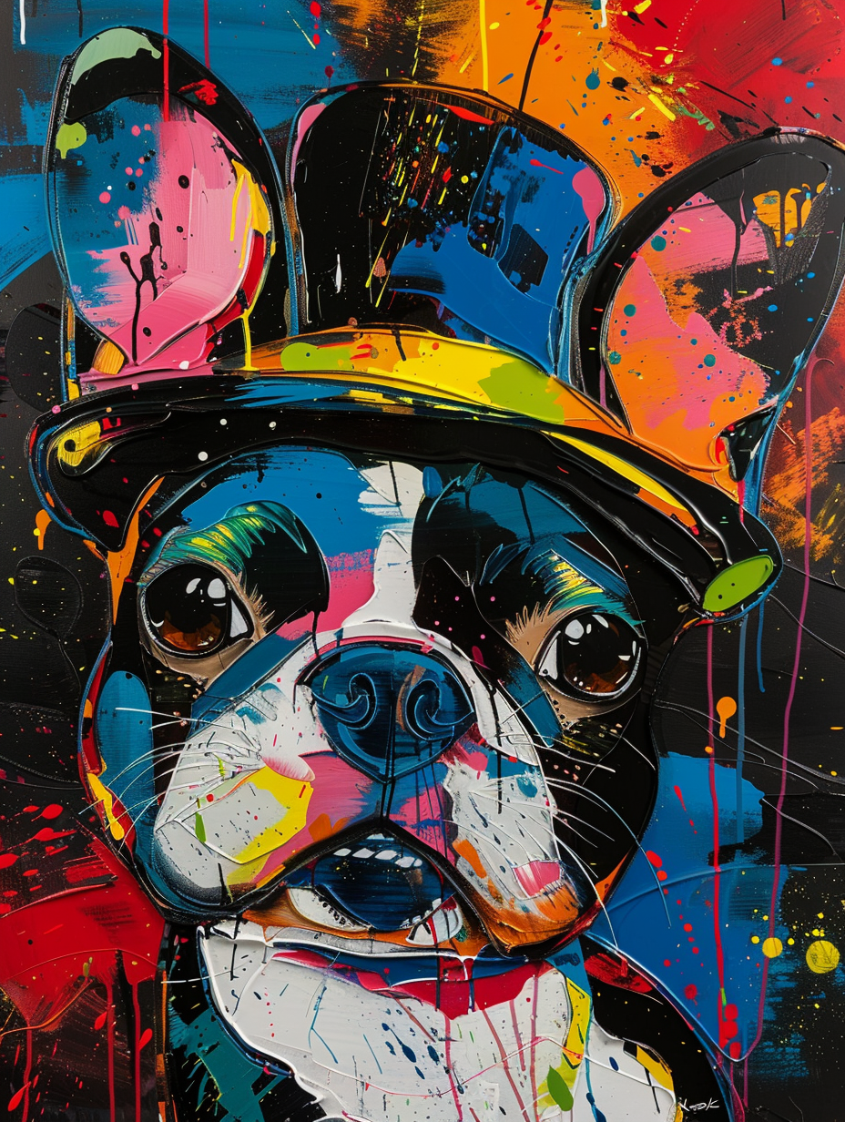 Colorful space Boston Terrier dog with a hat Expressive surreal Poster # F024434
