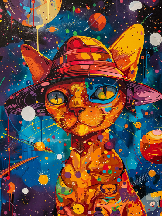 Colorful space Abyssinian cat with a hat Expressive surreal Poster # F025332