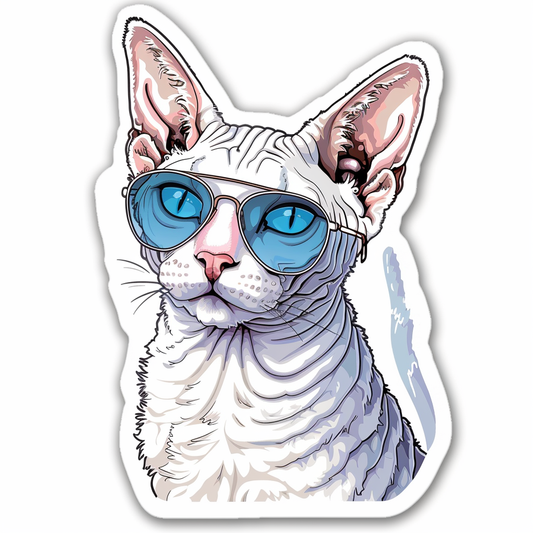 Cornish Rex Cat wearing sunglasses Expressive surreal Vinyl Decal Sticker for Car, Laptop, Tumbler and more # F020756-4" x 4"