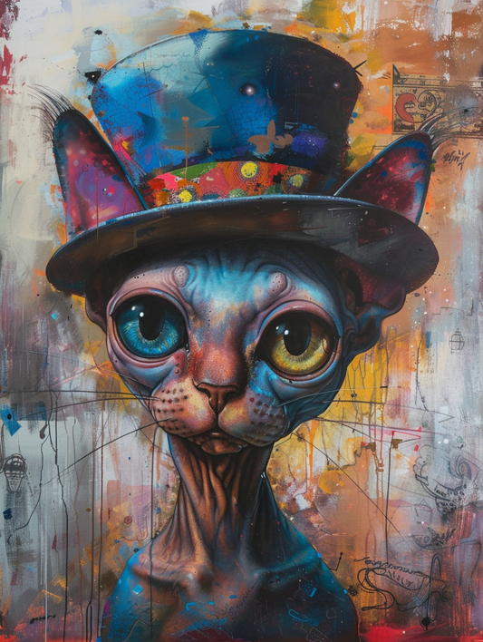 Colorful space Sphynx cat with a hat Expressive surreal Poster # F025333