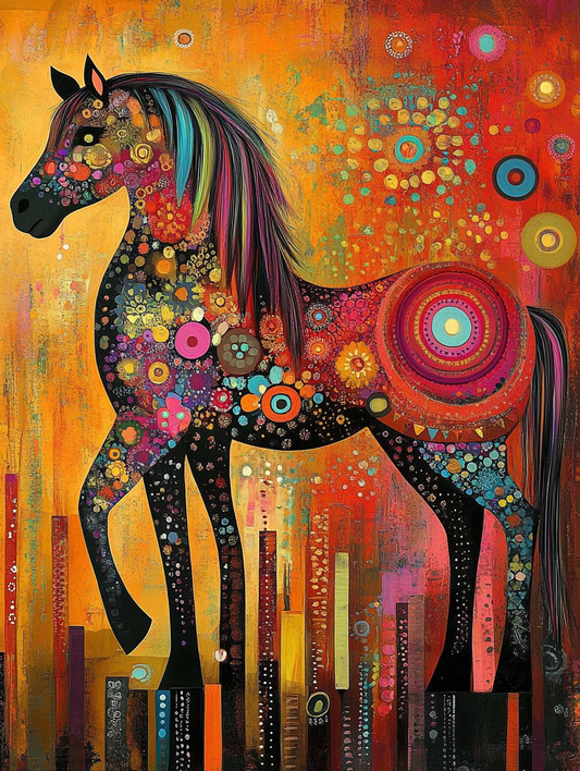 The silhouette of a horse with an abstract colorful background Expressive surreal Poster # F024822