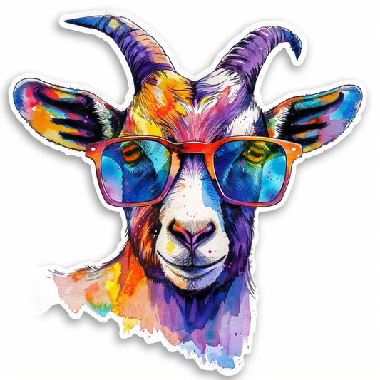 Goat wearing sunglasses Expressive surreal Vinyl Decal Sticker for Car, Laptop, Tumbler and more # F020404-4" x 4"
