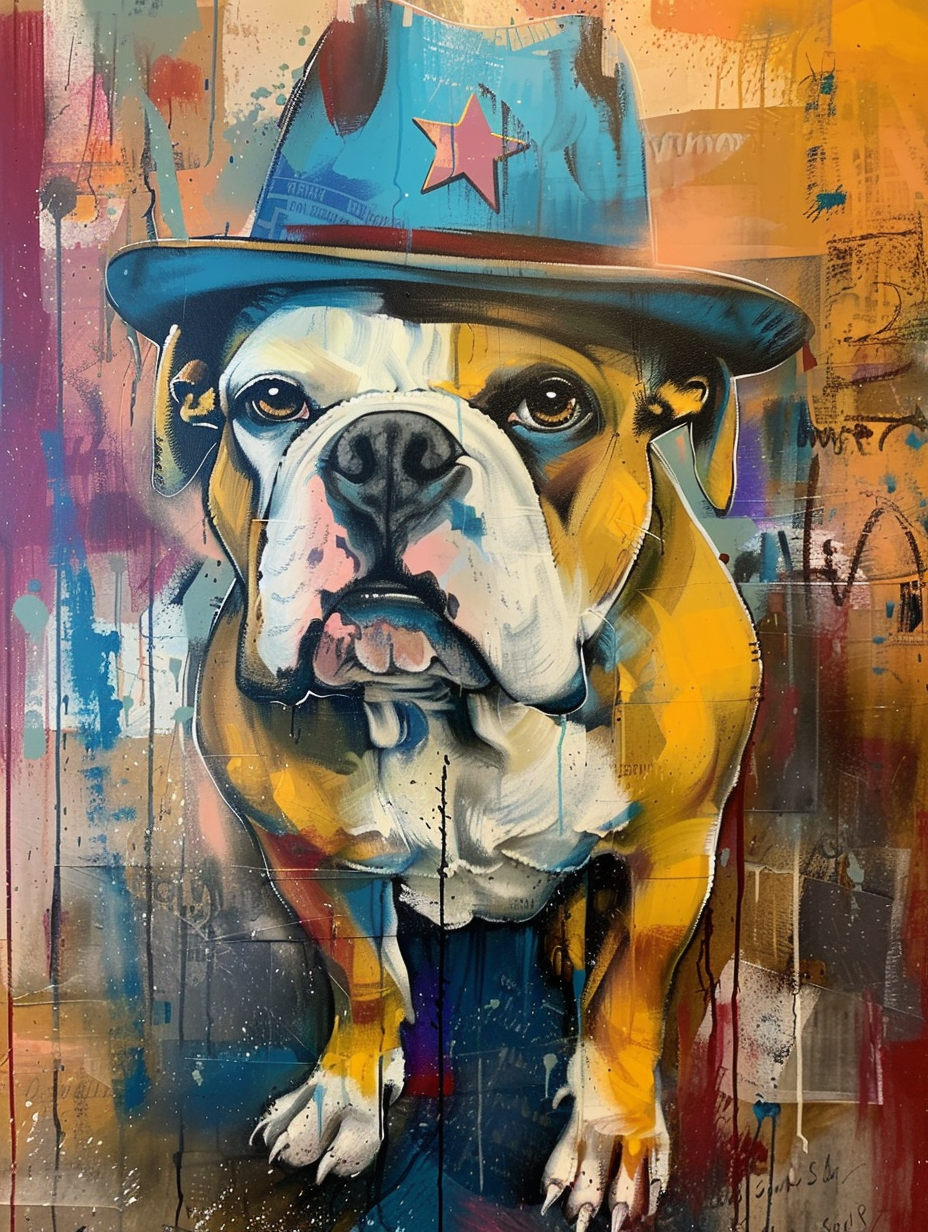 Colorful space Bulldog dog with a hat Expressive surreal Poster # F025048